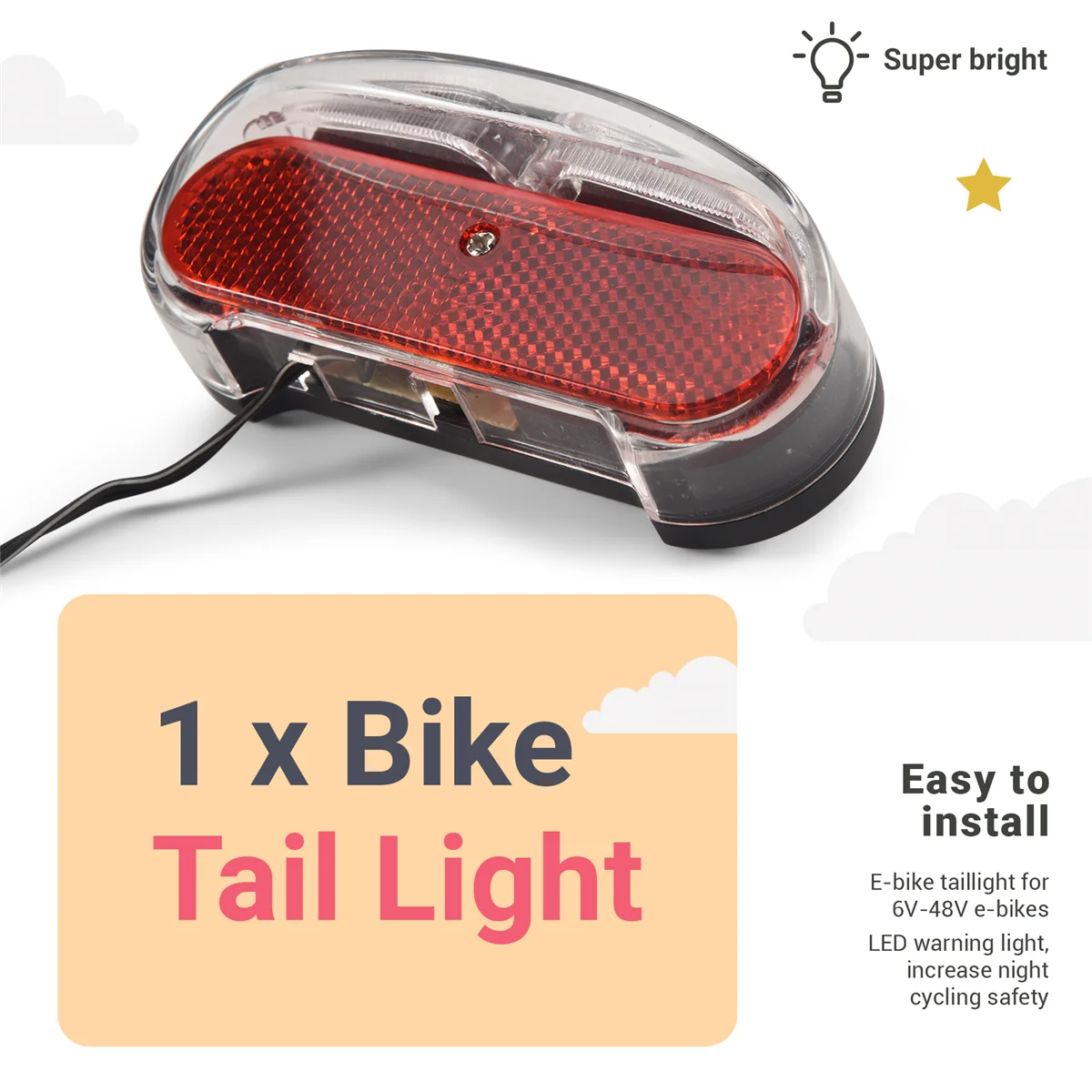 SYJZ 6V-48V E-Bike Rear Light Electric Bicycle Tail Light E-Scooter Night Safety LED Warning Rear Lamp