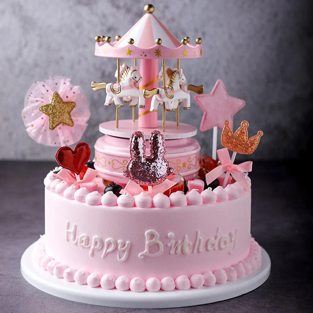 Pink Carousel Music Box Cake Topper Mini Carousel Statue For Girl Birthday Gift Baby Shower Favors Decoration Ornament Kids Toy