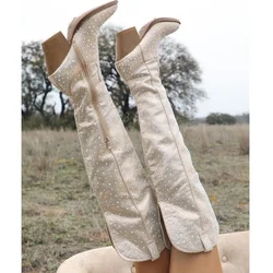 White Crystal Decor Miter Cowboy Boots Matte Leather Shoes for Women Chunky High Heels Fashion Shoes 2025 Zapatos Para Mujere