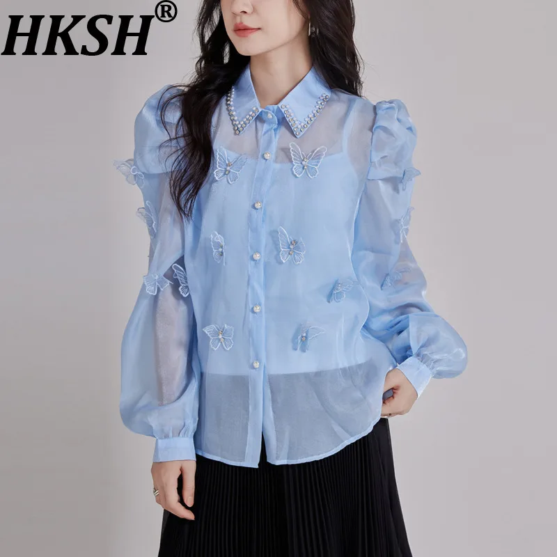 

HKSH Spring Autumn New Women Shirt Puff Sleeves Single Breasted Three-dimensional Decoration Beaded Diamonds Sheer Blouse K17427