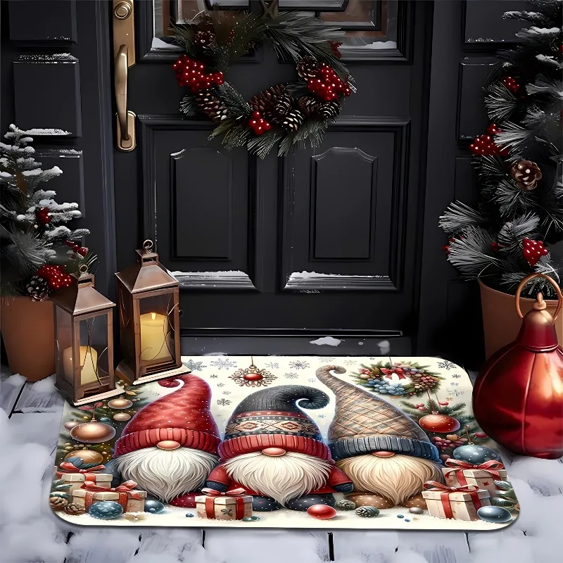 Christmas Gnome Flannel Doormat Cute Faceless Dwarf Boxes Baubles Pine Wreath Snowflake Anti‑Slip Home Entrance Holiday Rug