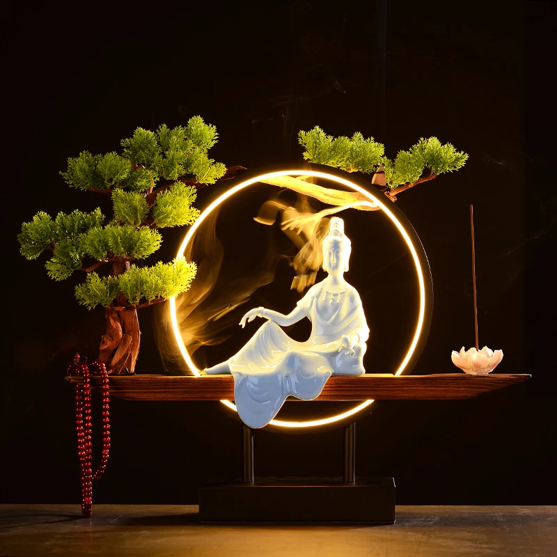 New Chinese Zen-Style Night Light Ceramic Ornament, Jiang Taigong Fishing Design, Purple Clay Creative Backflow Incense Burner,