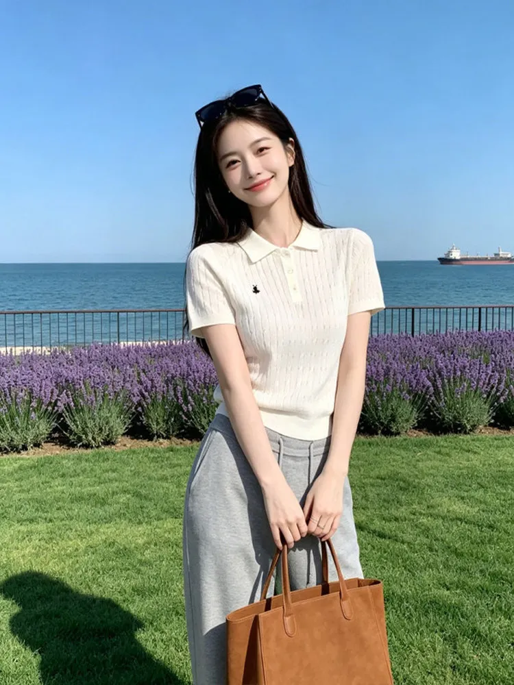 White Ice Silk Knitted  Neck Short Sleeve T-Shirt Women's Summer Embroidered Twist High-End Feeling Small Capital Top