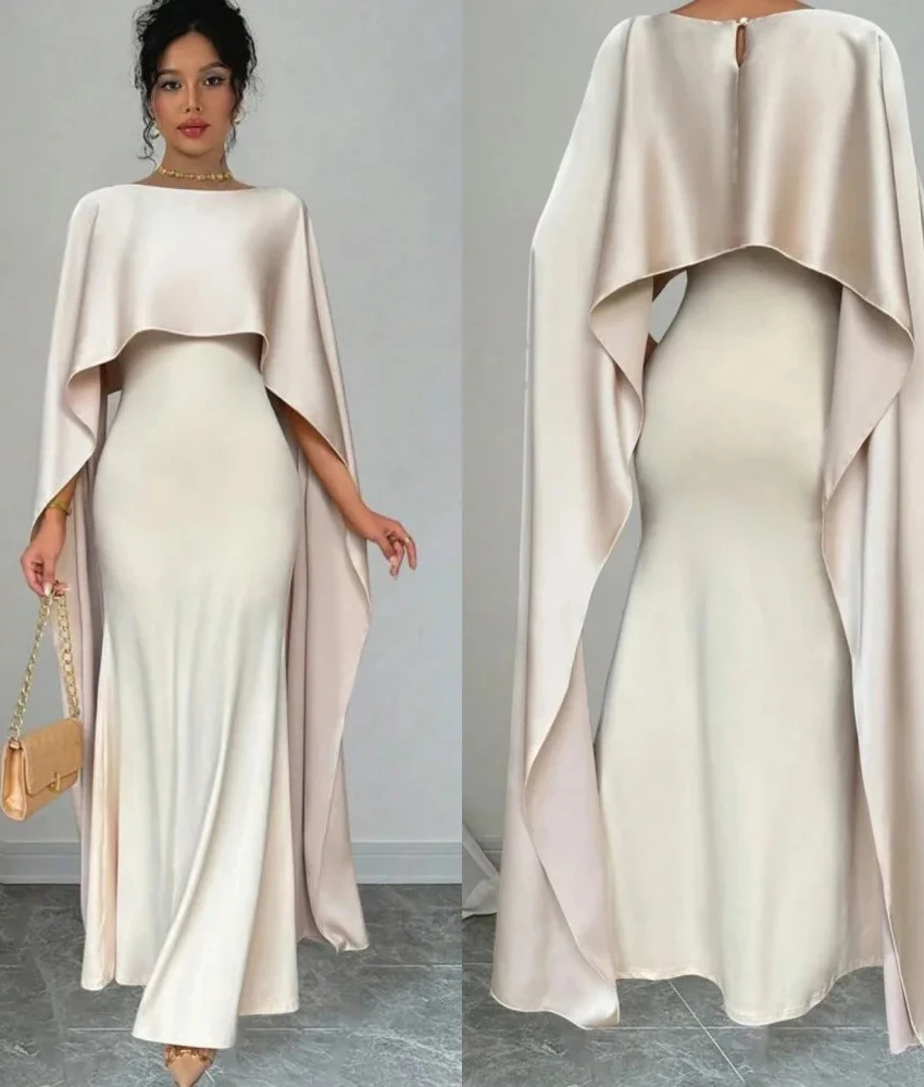 Customized Graceful Jersey Mermaid Evening Dress High Quality 3/4 Sleeves Crew neck Floor Length Bespoke Occasion Gowns