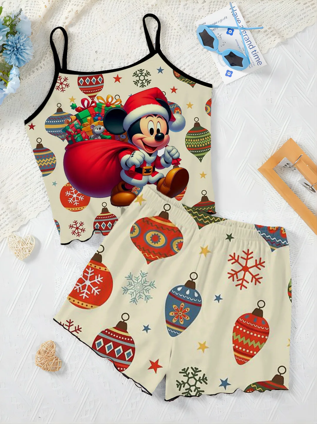 Elegant Women's Sets for Women 2 Pieces Disney Slip Dress Mickey Lettuce Trim Christmas Pajama Skirt Minnie Mouse T-shirt Short