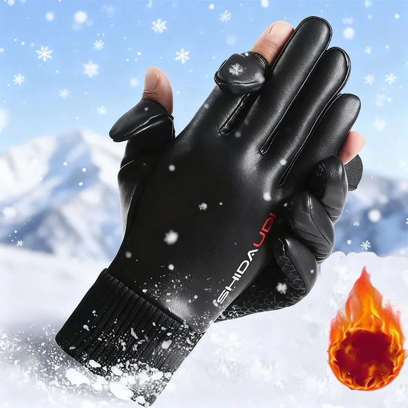 اثنين وأصابع كاملة بو الجلود الشتاء قفازات دافئة الوجه متابعة مقاوم للماء الباردة واقية الشتاء في الهواء الطلق ركوب الدراجات القيادة قفازات الصيد #1