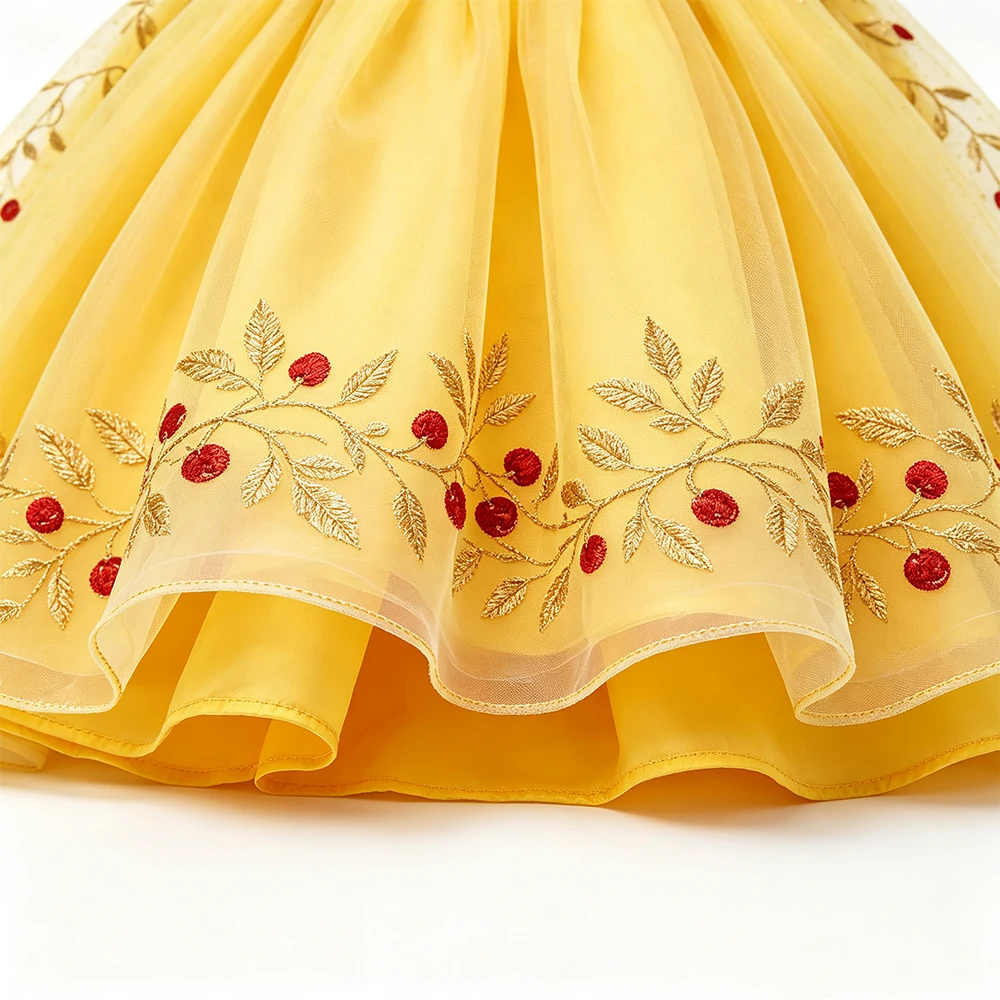 Schneewittchen-Kleid für Mädchen mit schwarzer Perücke und roter Schleife, Kinder-Bühnenkostüm, Halloween-Cosplay-Kostüm, Geschenk – Detail 4
