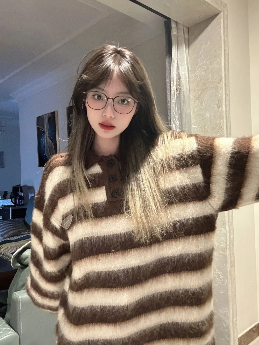 Suéter Casual a Rayas Marrones de Otoño Invierno, Talla Grande, Estilo Retro Americano, Tejido, para Mujer