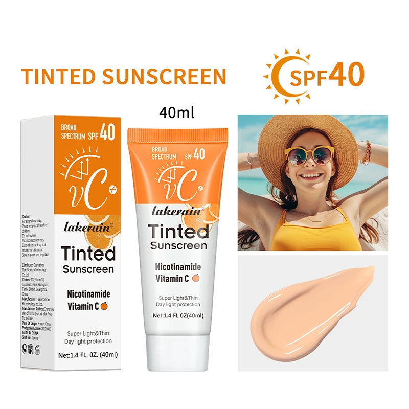 فيتامين ج ملون واقي شمسي مع SPF 40 ، ترطيب شمسي معدني ، أكسيد الزنك ، ثاني أكسيد التيتانيوم للحماية من أشعة فوق البنفسجية ، صحي