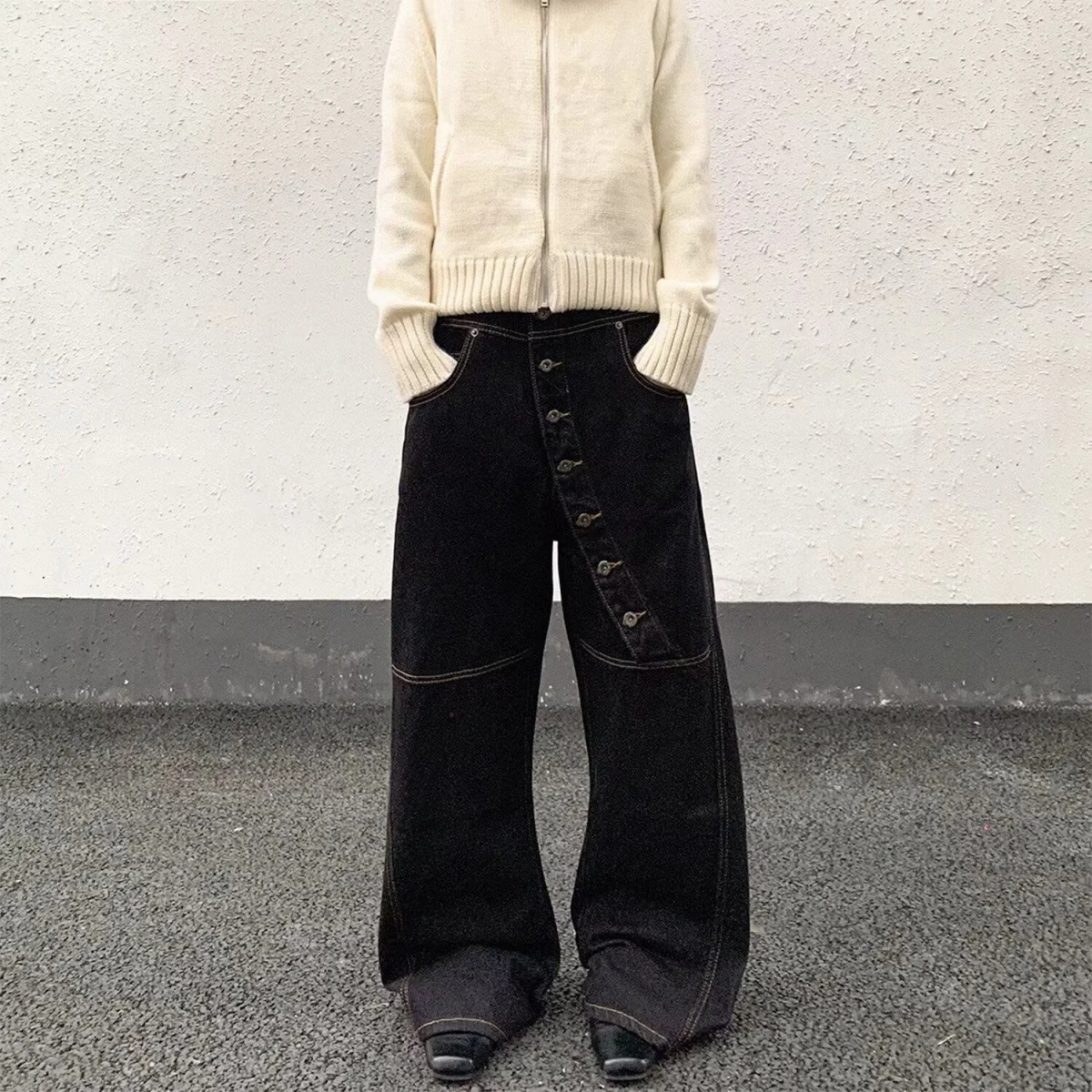 Calça Jeans Unissex Retrô Americana com Botão Único, Solta, Estilo Street, Casual, Cintura Média, Zíper e Perna Reta