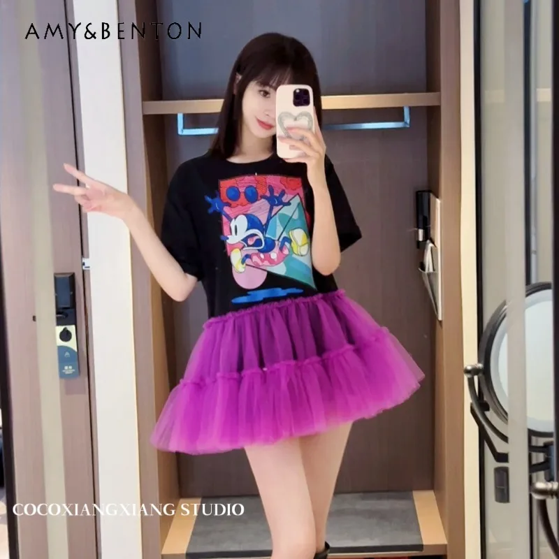 

New Fashion Stitching Puff Mesh Cartoon Loose Figure Flattering Blouse Cute Candy Color T-shirt Dress Y2k Accessories