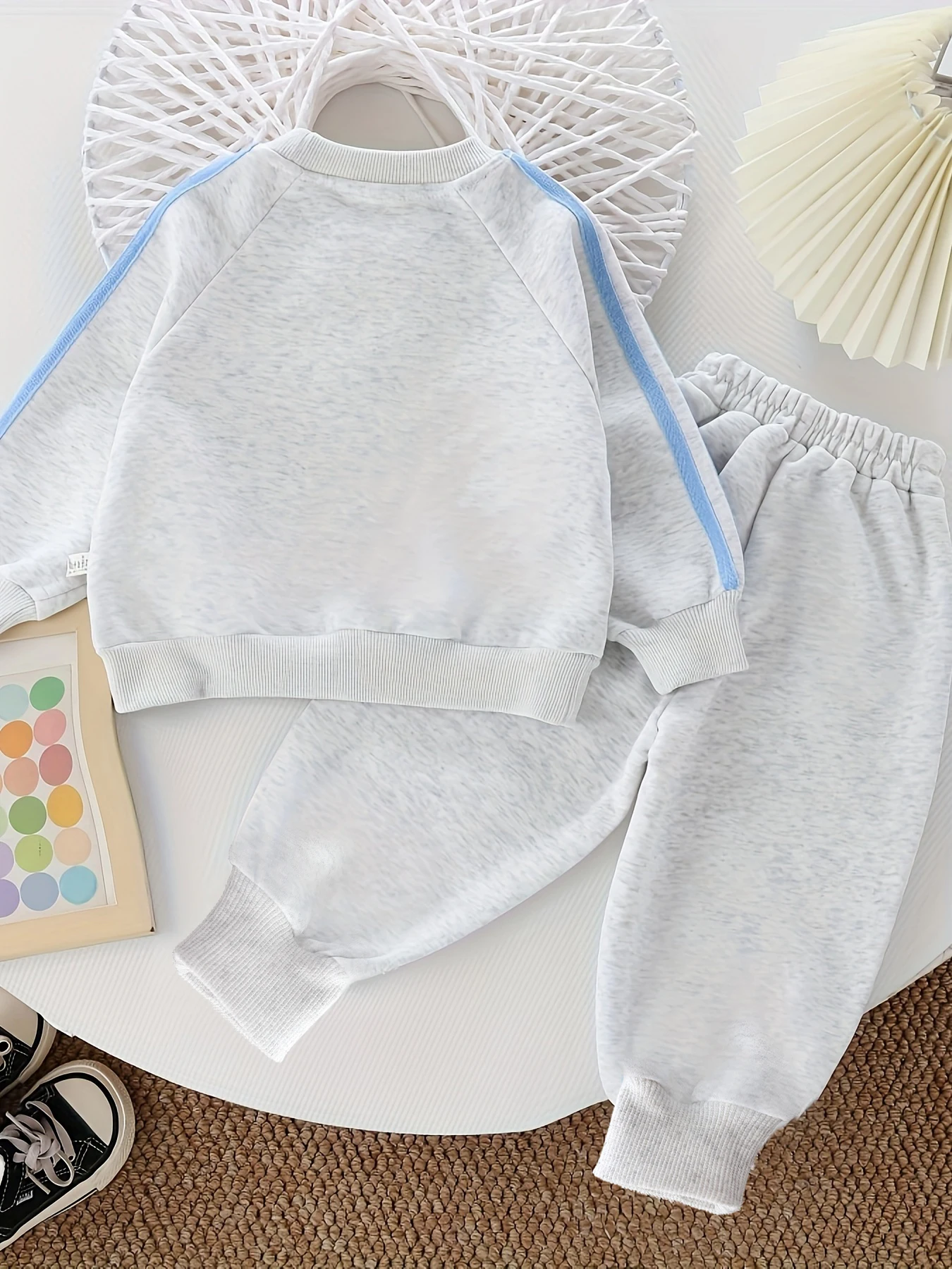 Toddler Kids Boys 2Pcs Tracksuit Set Striped Sleeve Crew Neck Sweatshirt Embroidery Jogger Pants Casual Sport Outfit