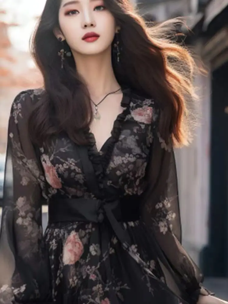 OCEANLOVE Print Floral Women Dresses A-line Spring Fall Korean Fashion V Neck Elegant Vestidos Mujer Vintage Black Long Dress