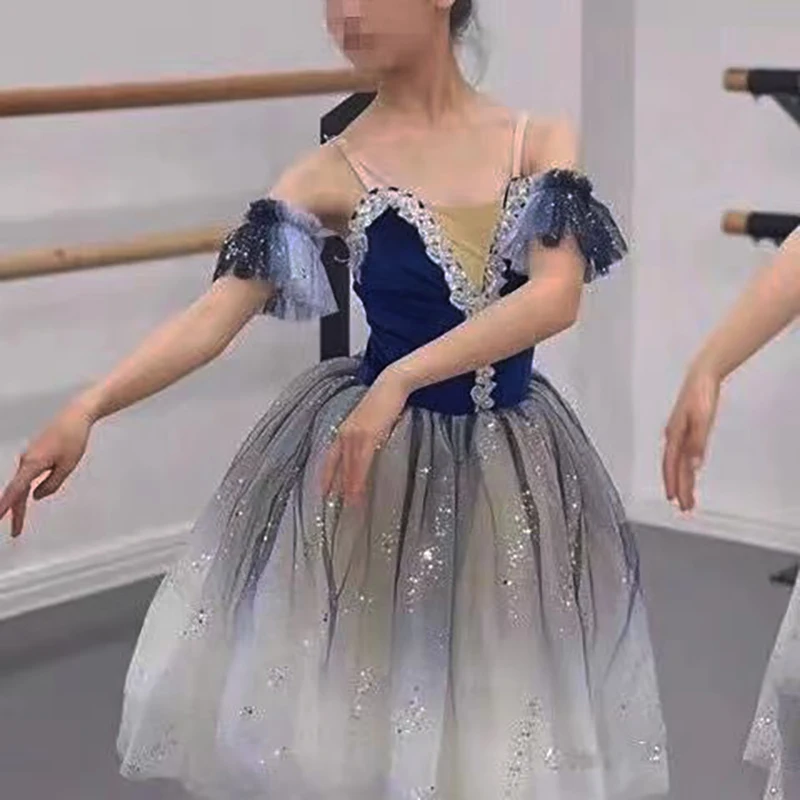 Adult Kids Blue Long Tutu Professional Swan Lake Ballet Costume Ballet Tutu Ballet Dress Girls Performance Dancewear Velvet Top