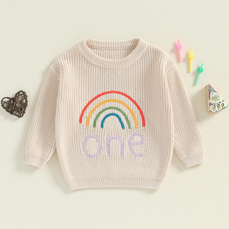 Maglione di compleanno della neonata maglione girocollo a maniche lunghe con ricamo arcobaleno per l'autunno inverno