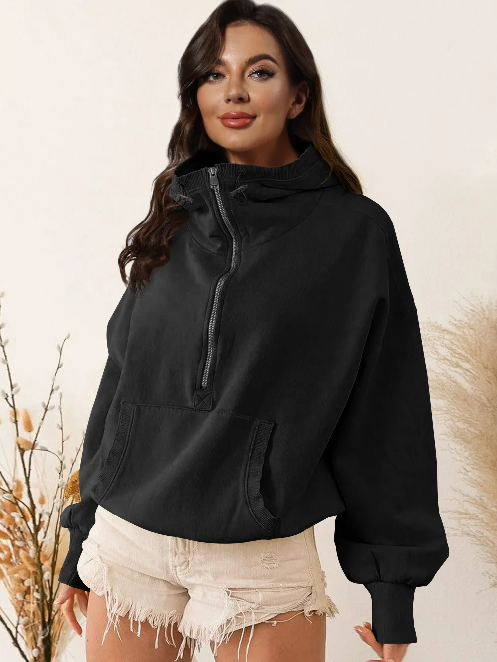 Sudadera con capucha para mujer, abrigo holgado de manga larga con cremallera y bolsillo con cordón, abrigo deportivo de Color sólido, moda Otoño Invierno