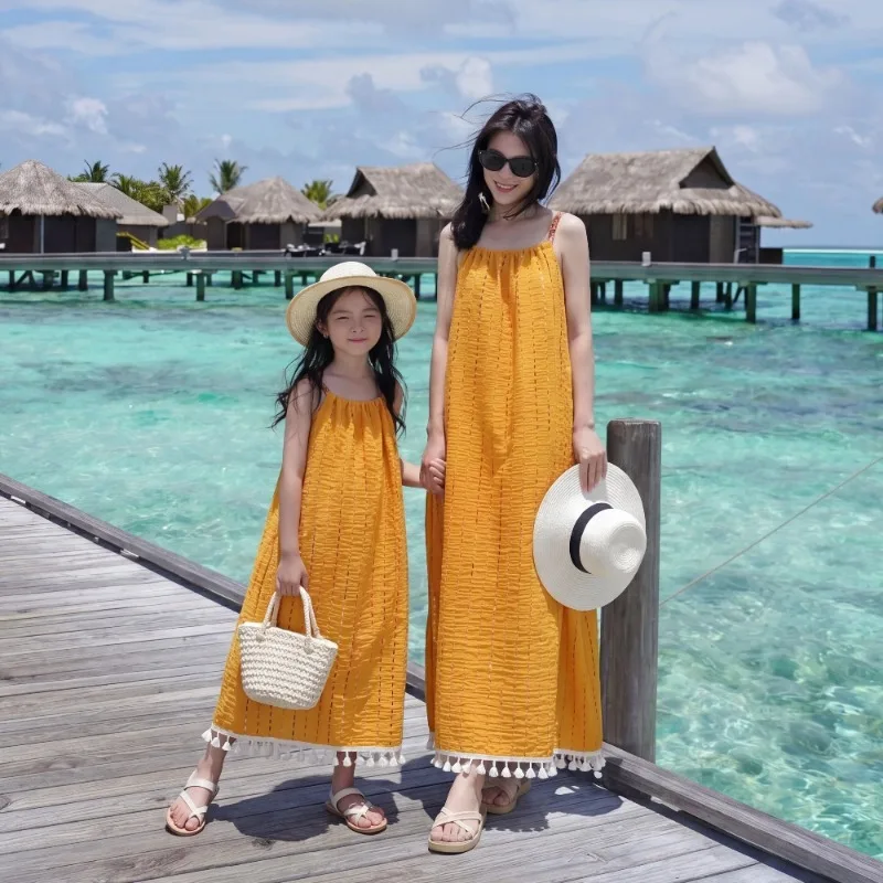 

Mommy and Me Matching Yellow Tassel Hem Maxi Dress Sleeveless Spaghetti Strap Boho Beach Vacation Dress for Mom and Daughter