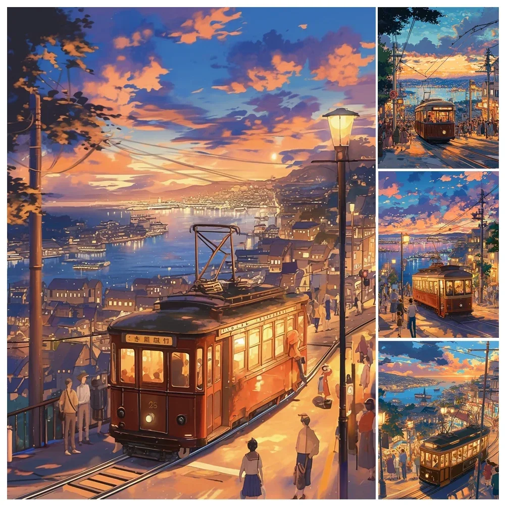 433314 HandPainting  Cable Car At Night Acrylic Landscape Painting By Numbers Kit DIY Artwork Canva Art GiftHome Decoration Gift