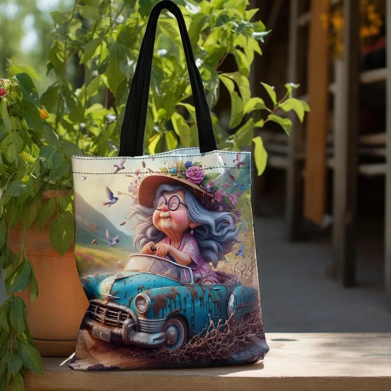 Una abuela alegre con un bolso de mano pequeño para coche, bolso sencillo para trabajadores de oficina y estudiantes, bolso portátil de gran capacidad
