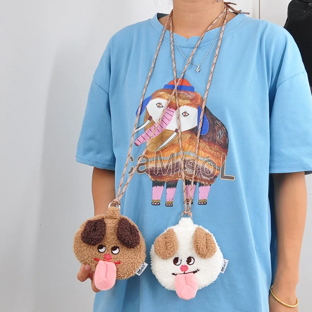 New Neck Plush Dog Puppy Key Chain Bag Creative Cartoon Tongue Sticking Puppy Wallet Backpack Pendant Portable Cable Bag