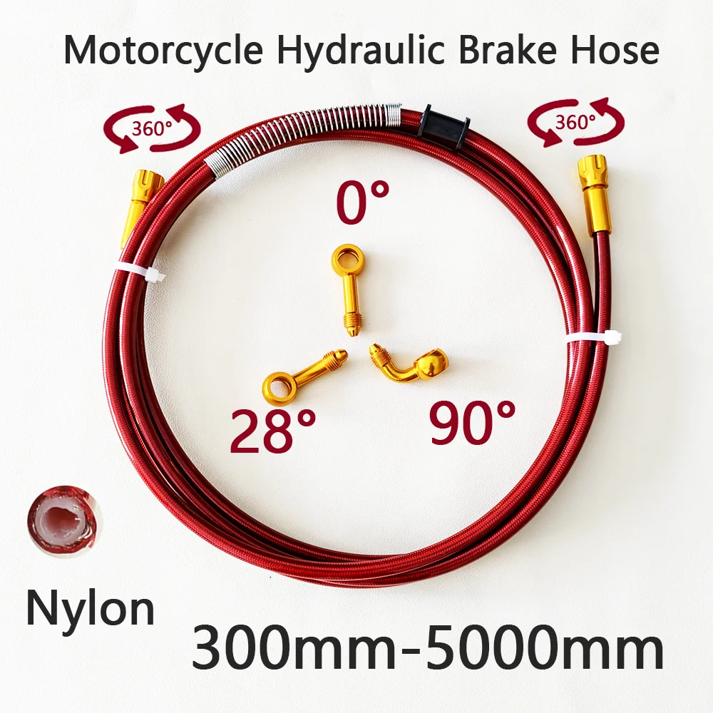 0°~28°~90° M10 Stainless Steel Braided Motorcycle Red Brake Hose Line Oil Pipe Clutch Tube with 360Degree Golden Rotatable Banjo