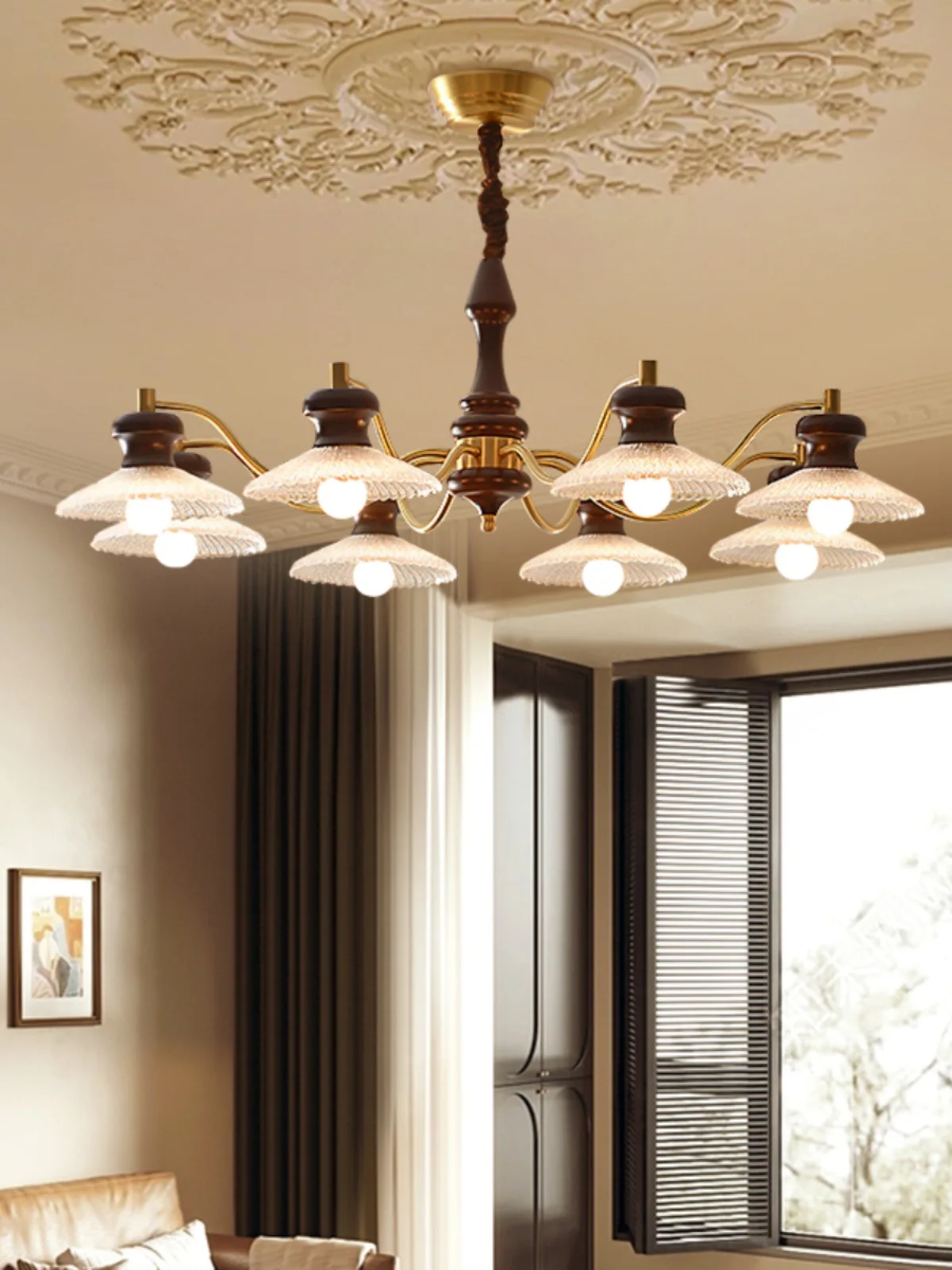 

KaTe American vintage LED solid wood and glass chandelier, bedroom chandelier, room chandelier, indoor light fixture