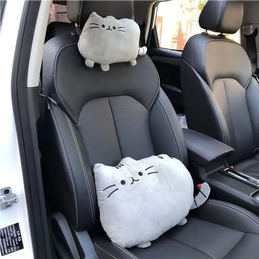 Cute Cat Car Headrest Pillow & Lumbar Cushion Set Auto Seat Neck Support Pillow Car Sleeping Travel Accessories