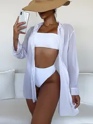 Plain Open Front Kimono Beach Cover Up Women Long Sleeve Tunic Dress 2026 Swimsuit Swimwear Bathing Suit