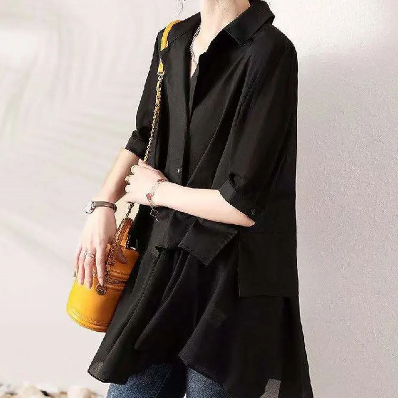 Office Lady Solid Color Spliced Midi Shirt Fake Two Pieces Stylish Turn-down Collar Summer Single-breasted Casual Loose Blouse