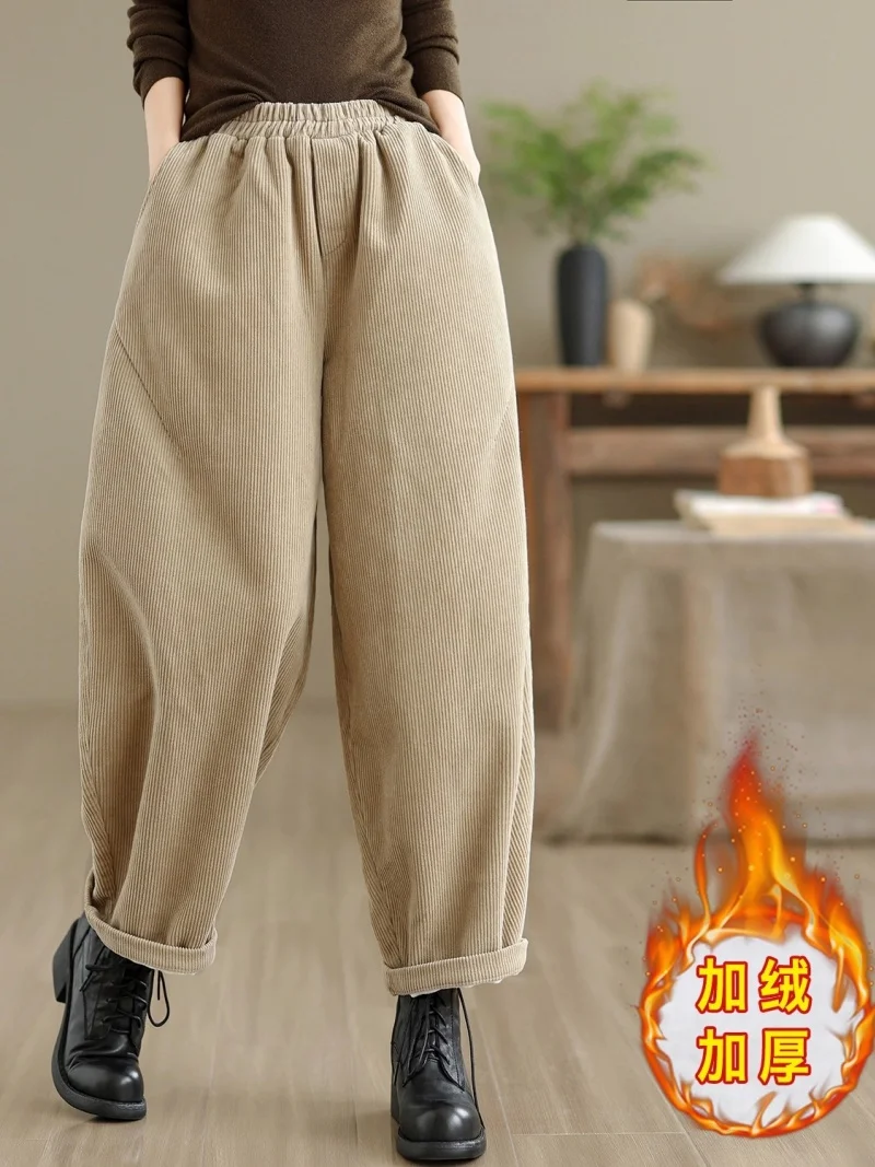 

Thick Corduroy Wide Leg Pants Autumn And Winter Elastic Waist Large Size Loose Versatile Warm Casual Fleece Trousers w1291