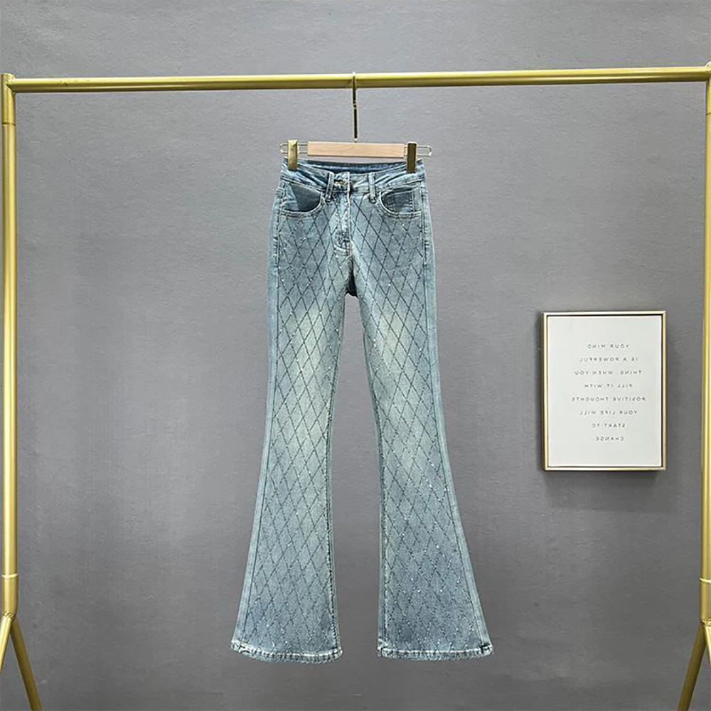 

Spring Autumn Rhinestone Jeans For Women High Waist Light Blue Denim Pants American Casual Fashion Shiny Slim Fit Flare Trousers