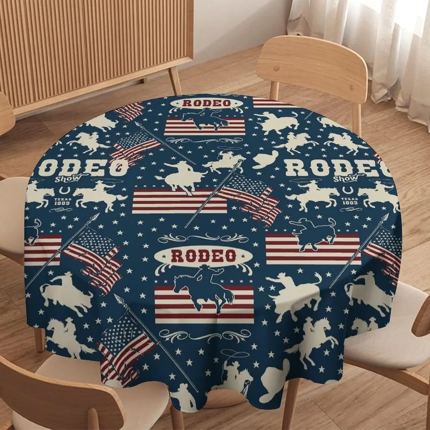Western Cowboy Round Tablecloth American Rodeo Colorful Cowboys Horse USA Flags Pattern Print Washable Cover for Party