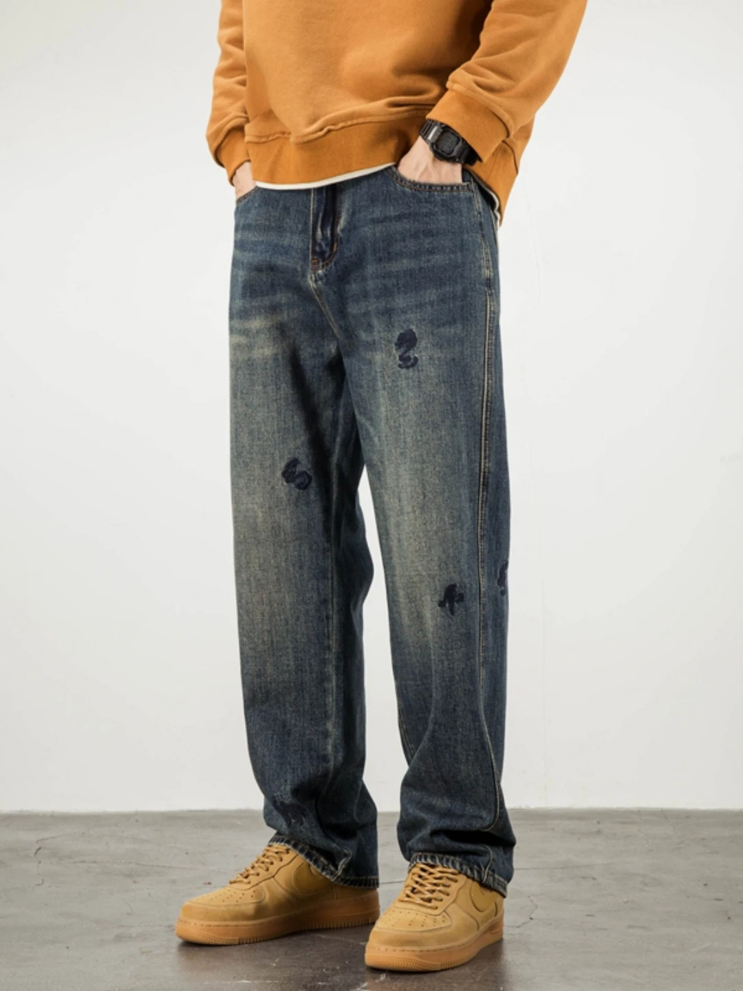 

American Street Sle Embroidered Jeans Men's Faion Straight Loose Leg Long Pants Spring Autumn Versatile Casual Wear