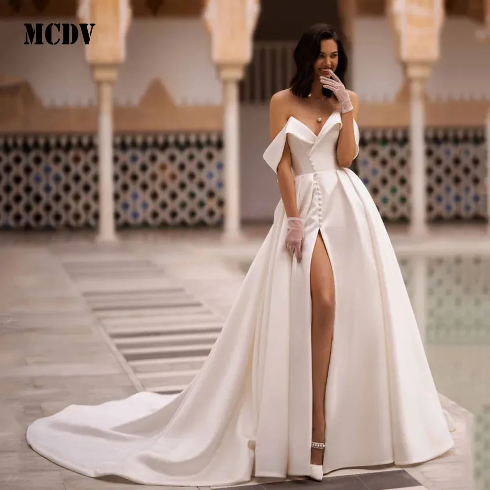 

MCDV Elegant Wedding Dresses 2025 New Bow A Line Off Shoulder Satin Bride Dresses Side Split robe soirée mariage Customized