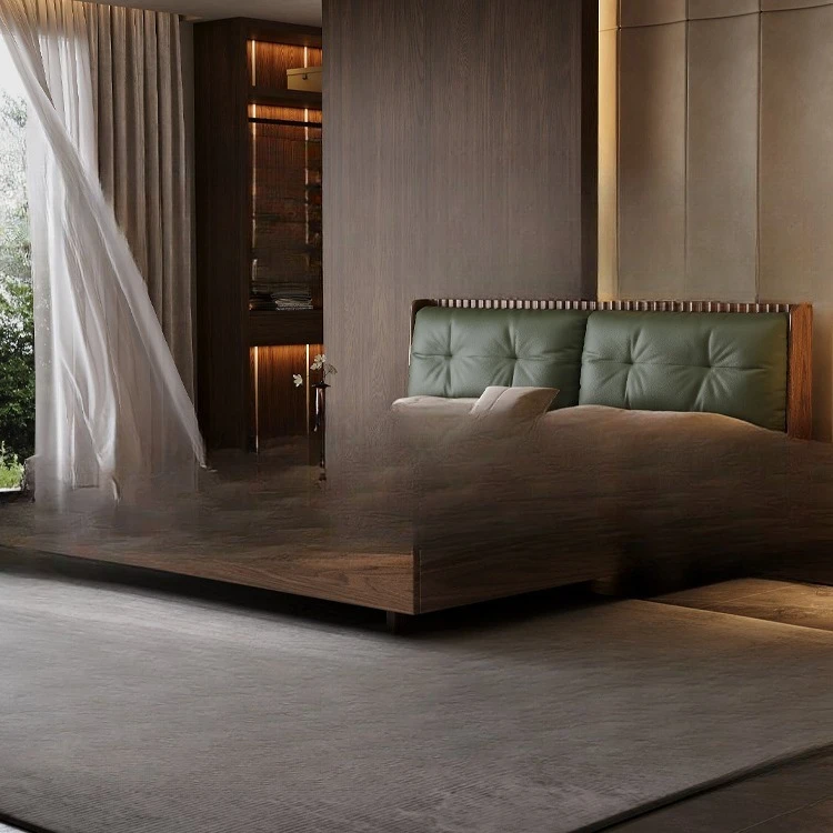 Black walnut soft bag solid wood bed modern extreme top layer cowhide master bedroom