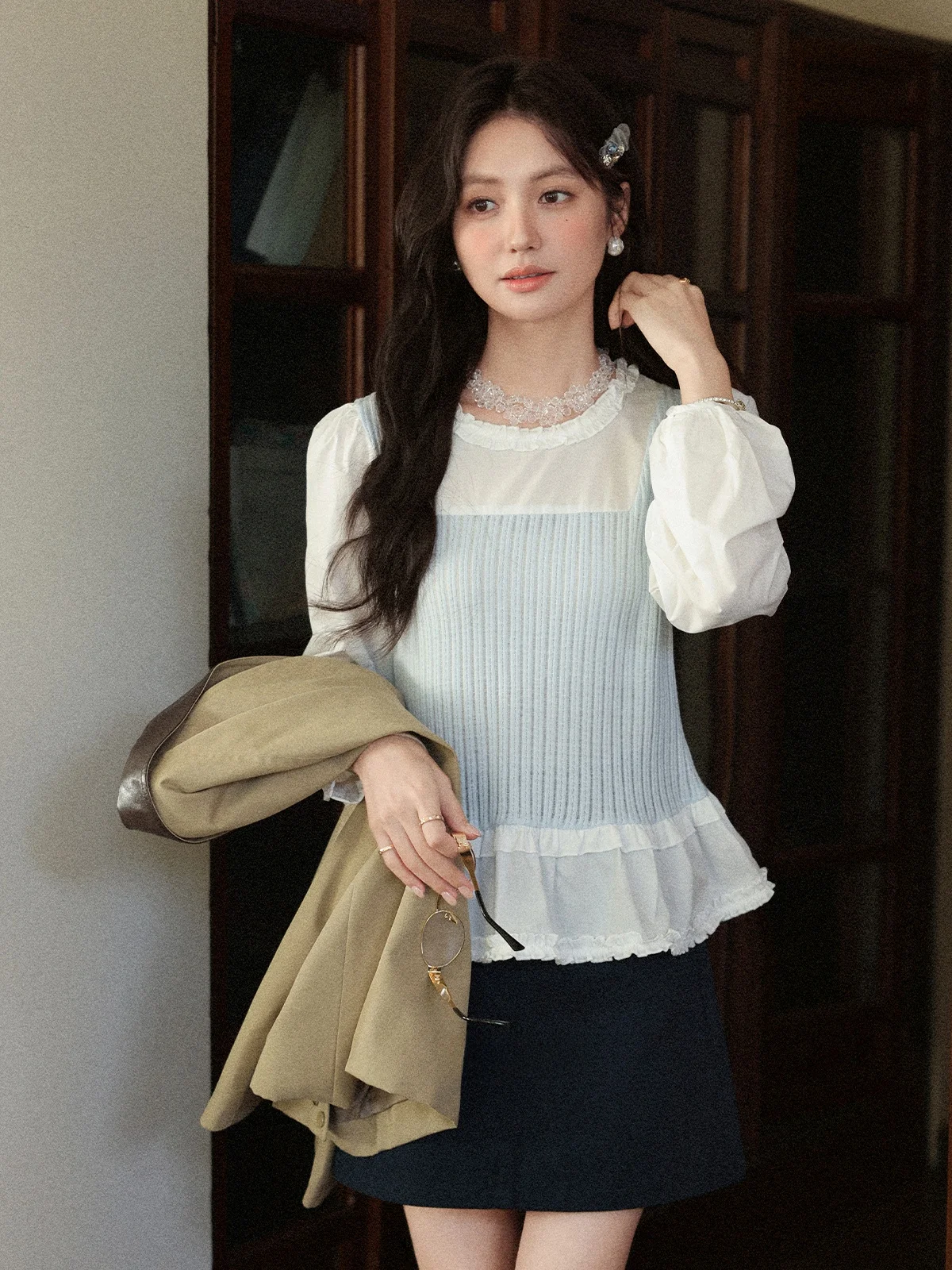 

South Sea Deer Casual Loose Fit Long Sve Vest Top Light Blue Holiday irt Women's Faion Two-Piece Set round Ne