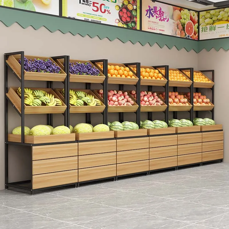 

Supermarket Fruit Display Shelf Multifunctional Fruit Vegetable Steel Wooden Fruit Store