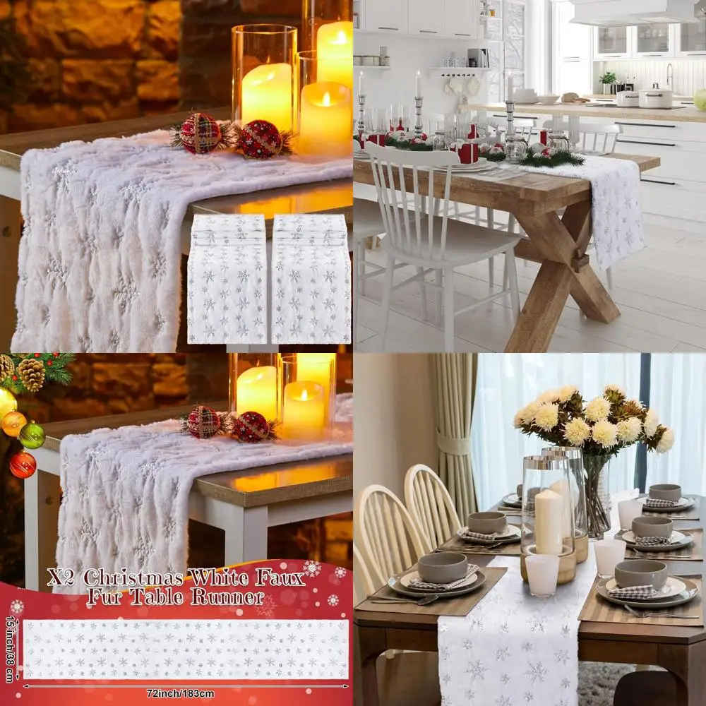 

White Faux Fur Sequin Snowflake Table Runner, 15x72 Inches, Silver Snowflakes for Christmas Winter Holiday