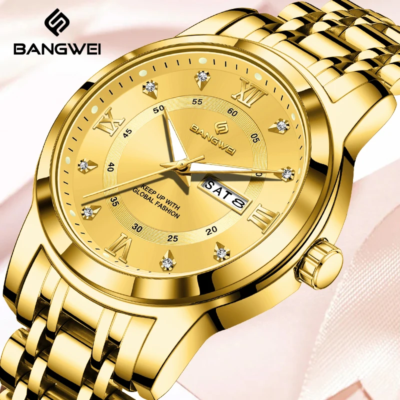 

BANGWEI 2026, новые золотые часы с бриллиантами для женщин, простые элегантные женские часы-браслет, водостойкий светящийся кварцевый хронограф