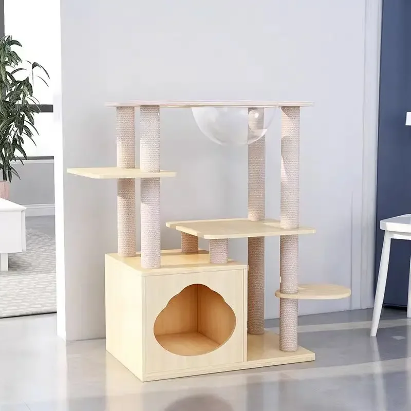 Space-saving wooden cat tree with built-in bed durable design, perfect for cats