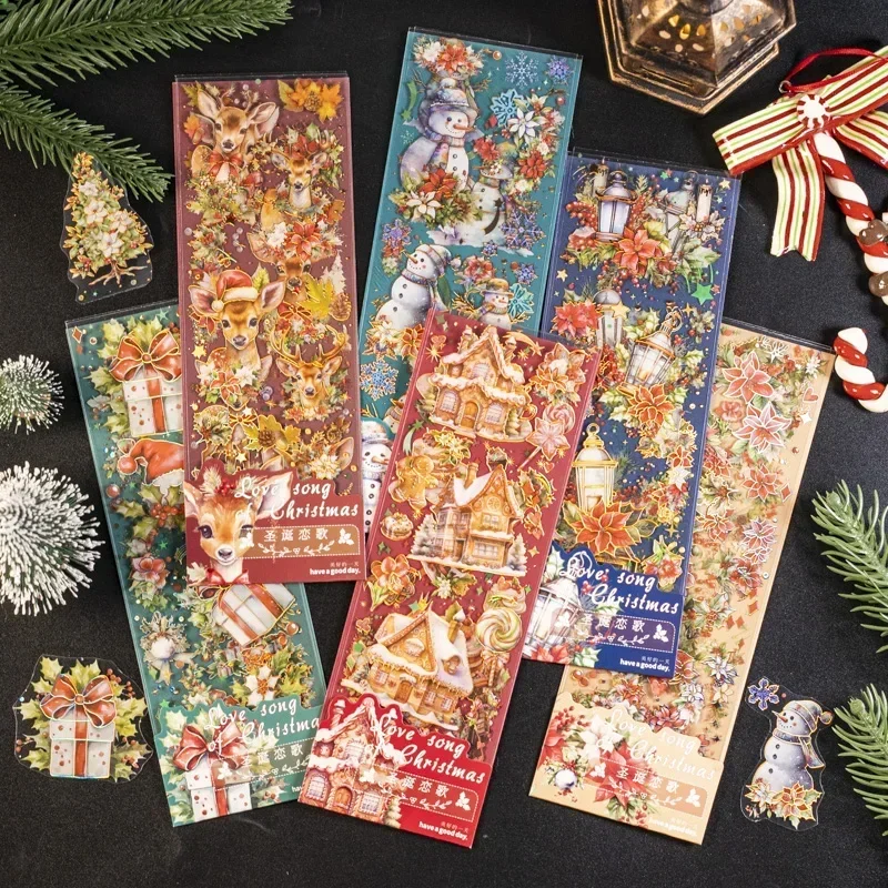 2 Pcs Christmas Song Series Stickers Hot Gold Handbook Material Decorative Collage Diy Scrapbooking Sticker Label Stationery