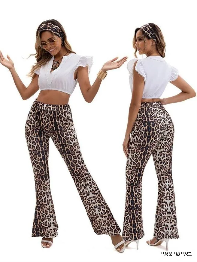 Fashionable Bell Bottom Pants Wide Leg Print Color Block Hippie Women's Clothing Trendy Headscarf Ethnic Stage Costume