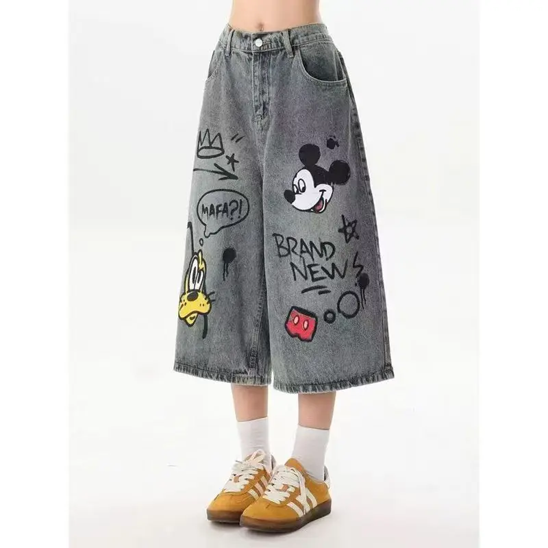 jorts Disney Mickey Jeans Women Plus Size American Vintage Graffiti Distressed Denim Pants Summer Loose Wide Leg Capri Trousers