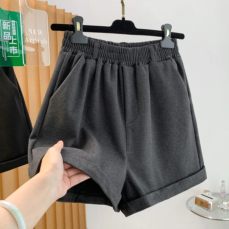 High Waist Tweed Shorts Women's Casual Straight Leg Design Slim A-Line Wide Leg Pants Elastic Waist Autumn New Style