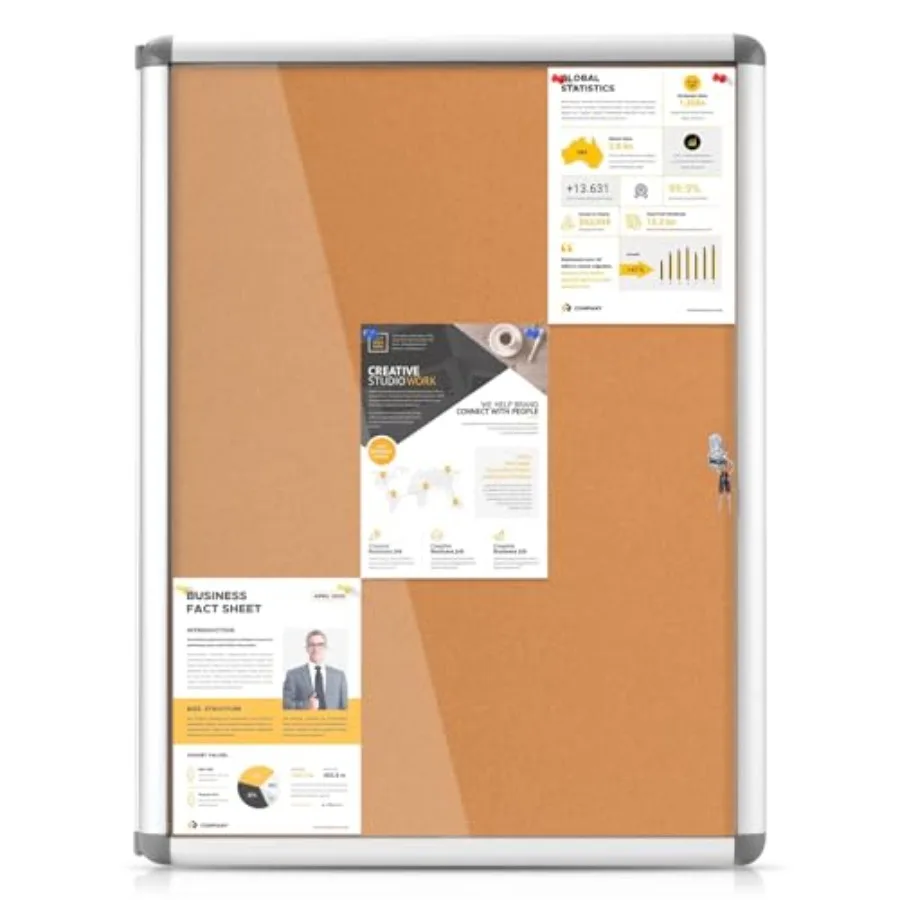 Enclosed Cork Bullletin Board 38x28 in Tamperproof Display Case with Locking Door for Office School Home Store Wall Mount Silve