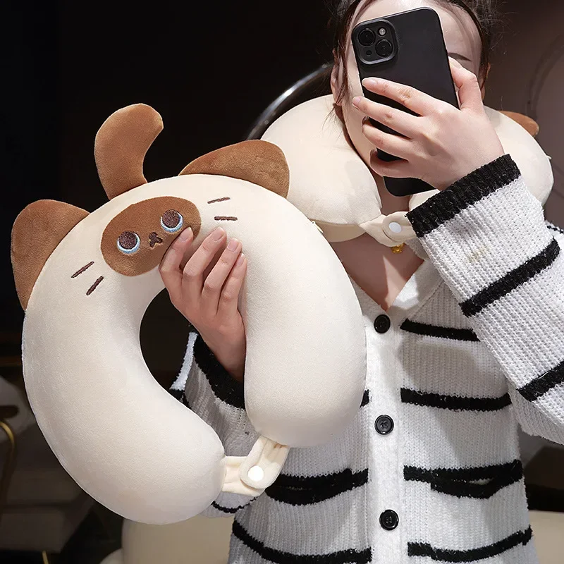 Kawaii Siamese Cat Plush U-shaped Pillow Cute Kitty Travel Neck Pillow Soft Stuffed Animal Neck Support Travel Sleeping Pillow