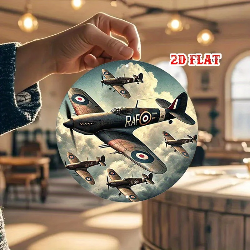 2D plane design, 1 piece of retro military aircraft circular wooden signboard - aerial combat scene on the battlefield
