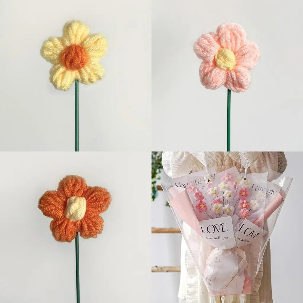 

E8BD 5pcs Handwoven Flower Knitted Crochet Flower Bouquet Ornaments Crafts for Wedding Party Decoration Valentines Day Gift