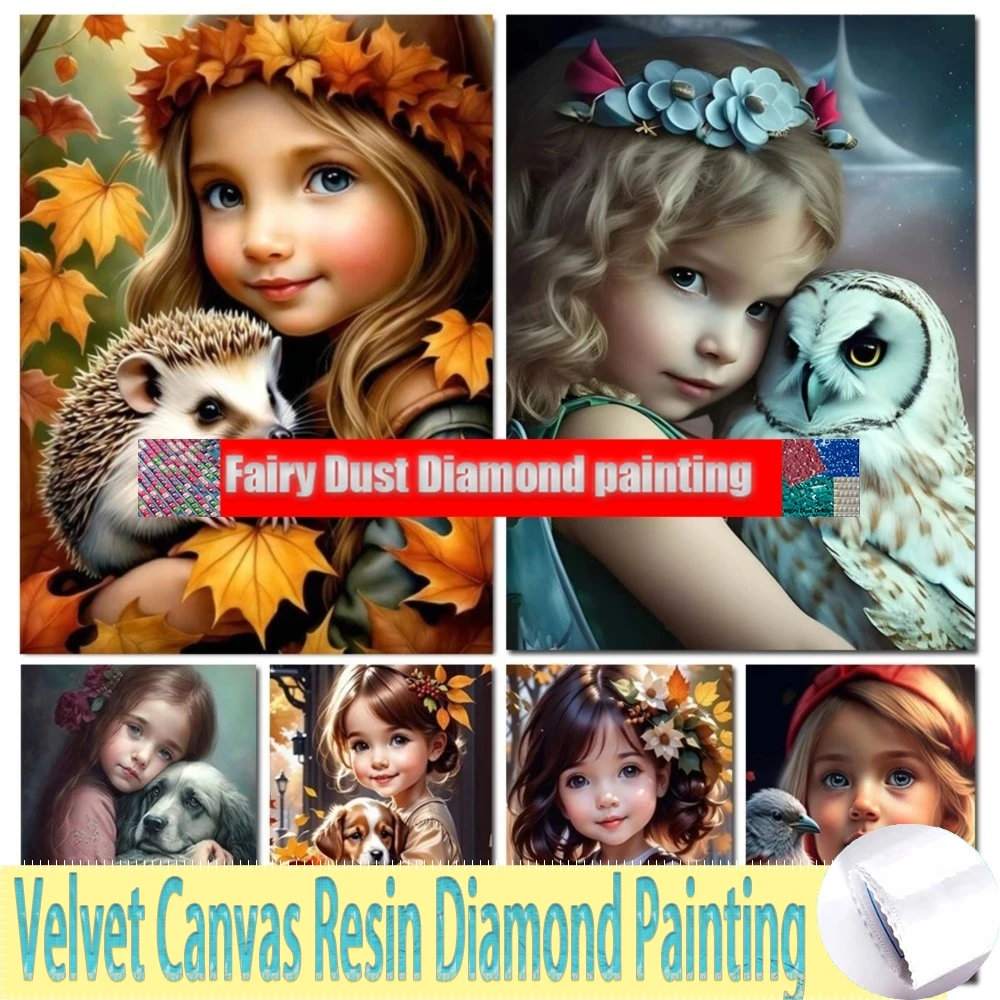 Cute Girl And Hedgehog Puppy DIY Fairy Dust Resin Diamond Painting Mosaic Diamond Embroidery Needlework Picture Of Rhinestone