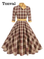 Tonval Mock Neck Bowknot Plaid 50s Vintage Dresses for Women 3/4 Length Sleeve Autumn Winter Elegant Pockets Midi Dresses